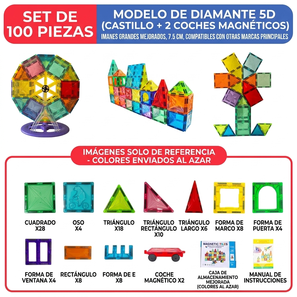 Set de Bloques Magnéticos Educativos 100 Piezas – Juguete de Construcción Creativa
